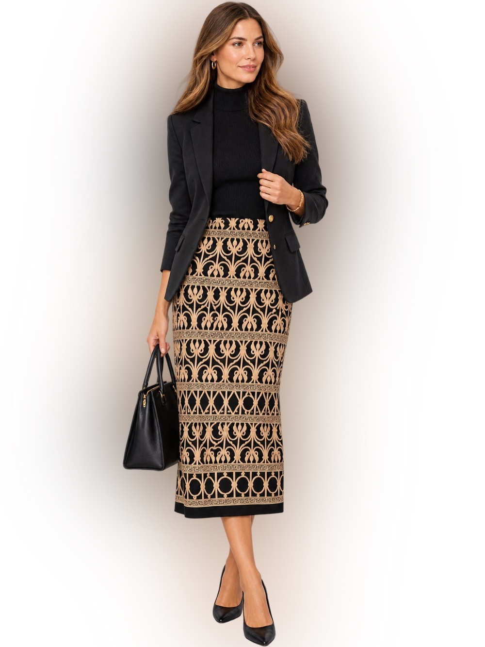 Talbots Petites Black Tan Scroll Print Midi Skirt Size 12P Lined Classic Elegant